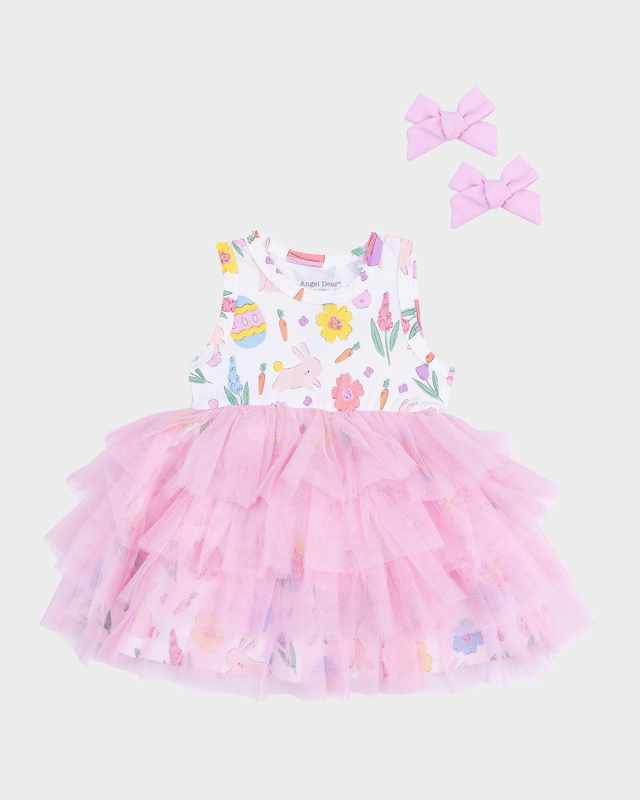 Girl's Easter Bunnies Twirly Tank Tutu Dress W/ Hair Clips, Size 6M-3
